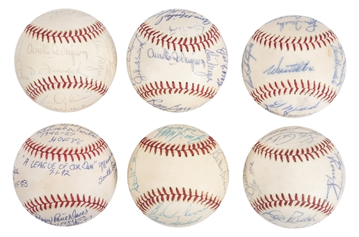 Lot of (6) 1960-90s Team Signed OAL MacPhail/ONL Giles/Coleman Including "A League of Our Own", Detroit Tigers, and Los Angeles Dodgers (Beckett PreCert)